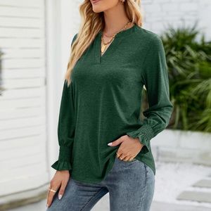 Womens Casual V Neck Loose Solid Color Ruffles Long Sleeve